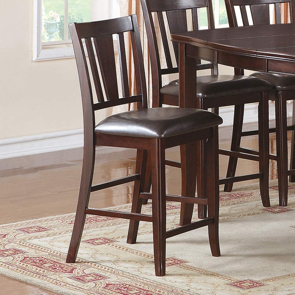 Dark brown wooden bar stool with padded seat at kitchen island