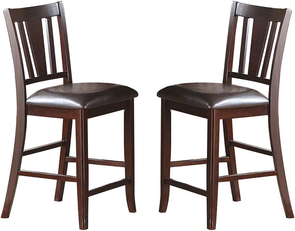 Dark brown wooden bar stools with brown faux leather seats sold as a pair