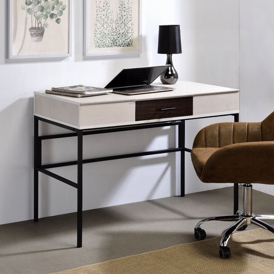 Modern white and wood grain writing desk with black metal legs and one drawer