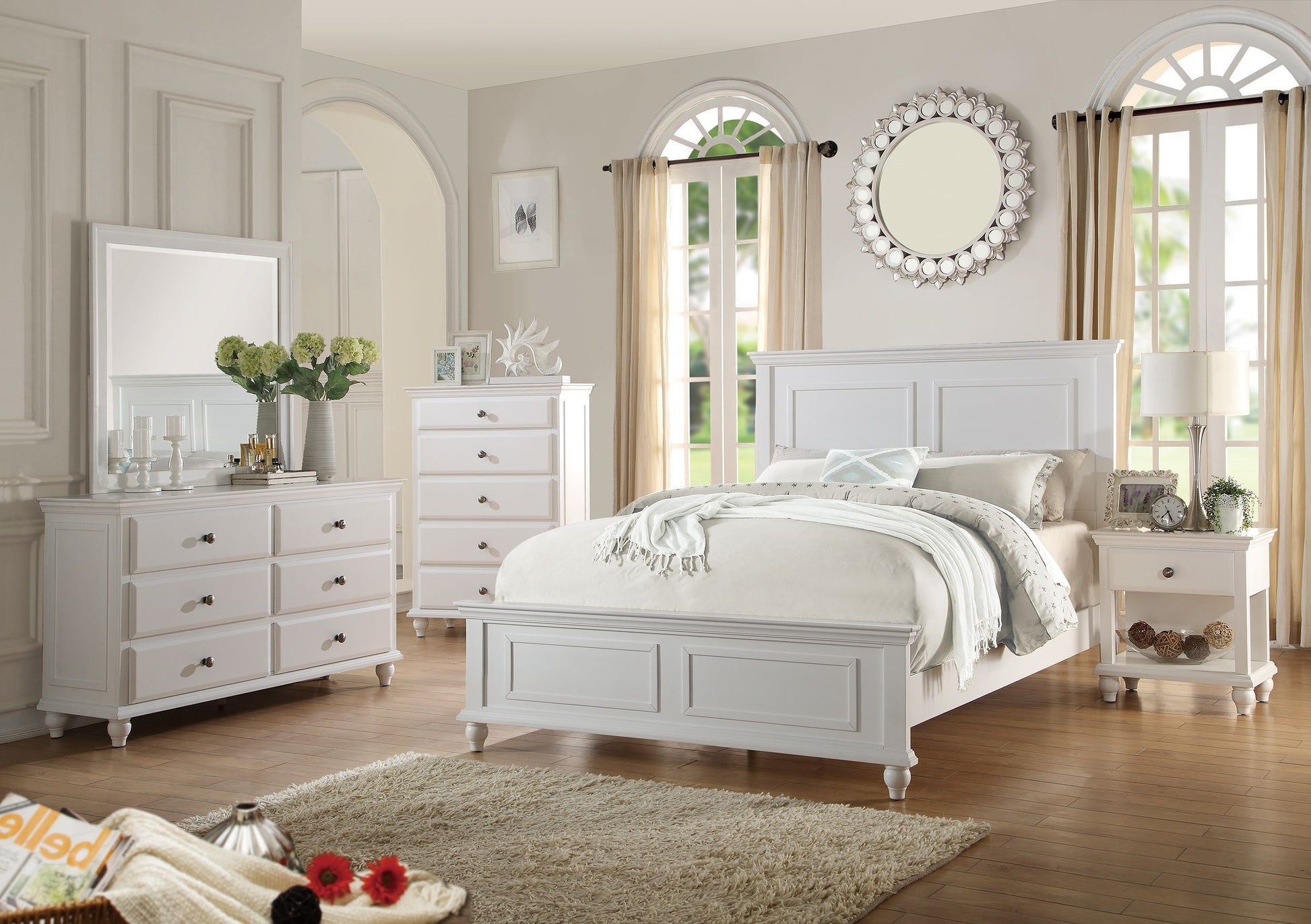 Elegant white wooden king bed with upholstered headboard perfect for a serene bedroom