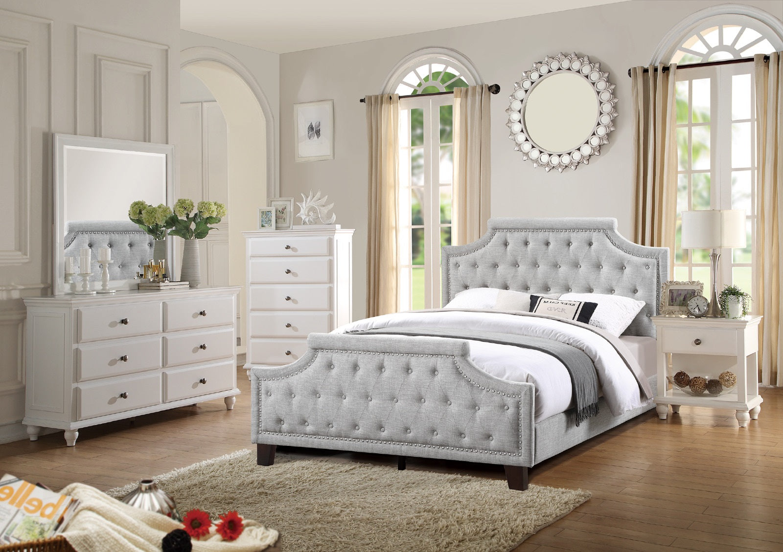 Tufted grey fabric bed with silver nailhead trim queen size for a luxurious bedroom
