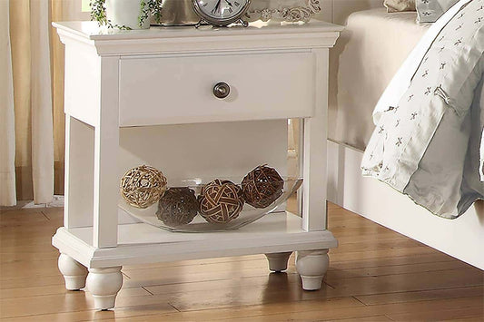 Classic white nightstand with one drawer and open shelf featuring decorative orbs
