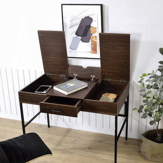 Dark wood writing desk with two fliptop compartments and open drawer