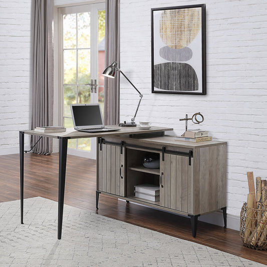 Rustic grey wood Lshaped desk with sliding barn doors and black metal legs