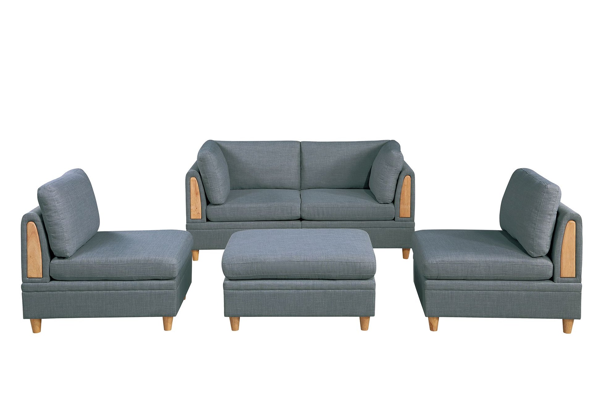 Gray fabric sectional sofa with wooden accents and matching ottoman