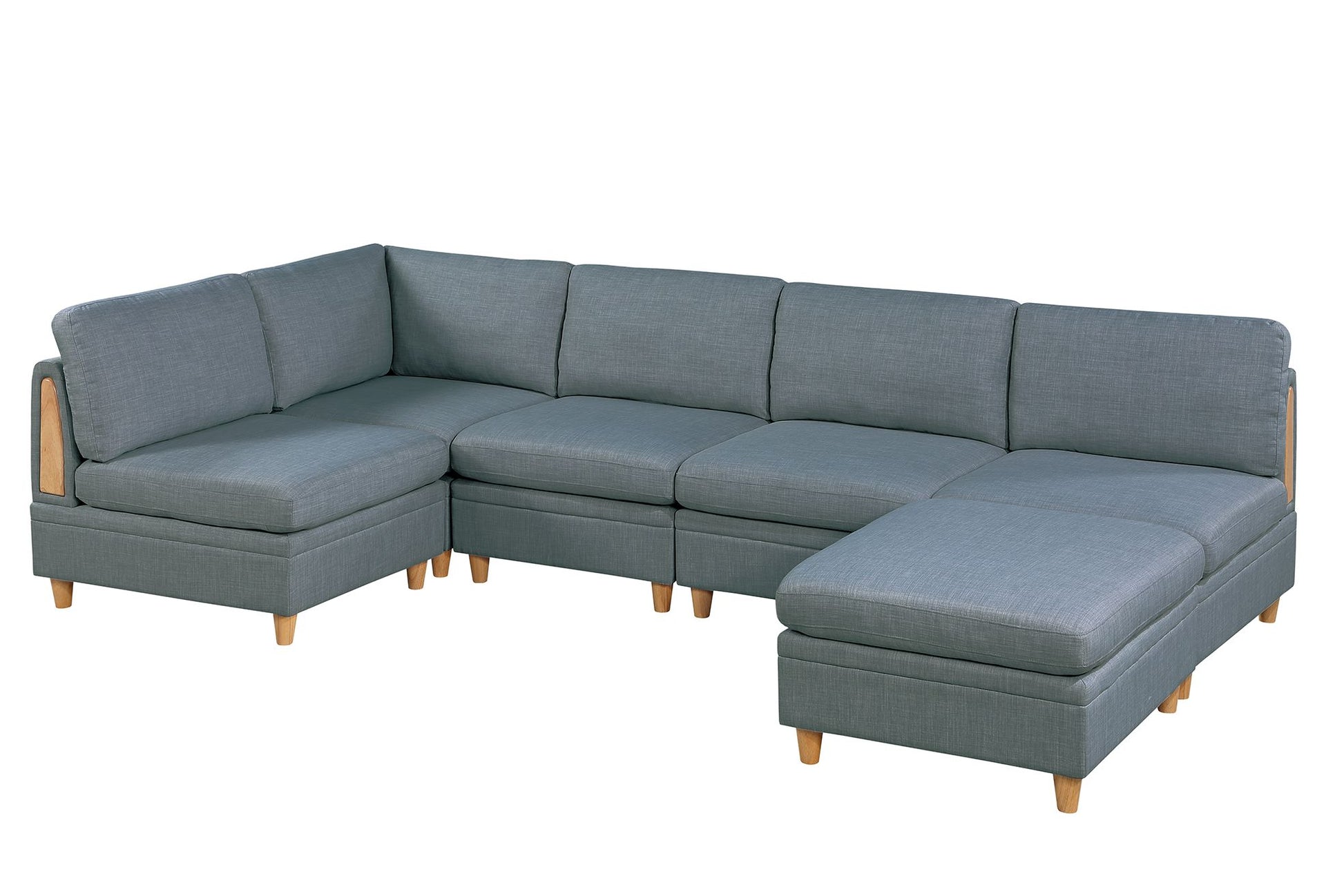 Gray sectional sofa with wooden accents and storage ottoman for living room comfort
