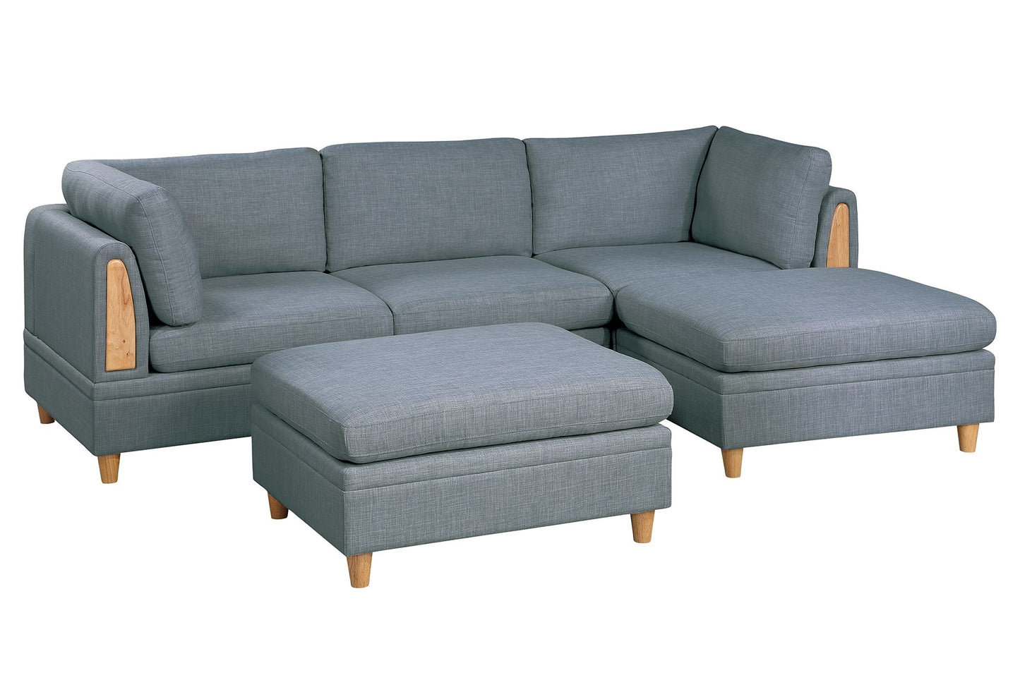 Gray fabric sectional sofa with wooden arm accents and matching ottoman
