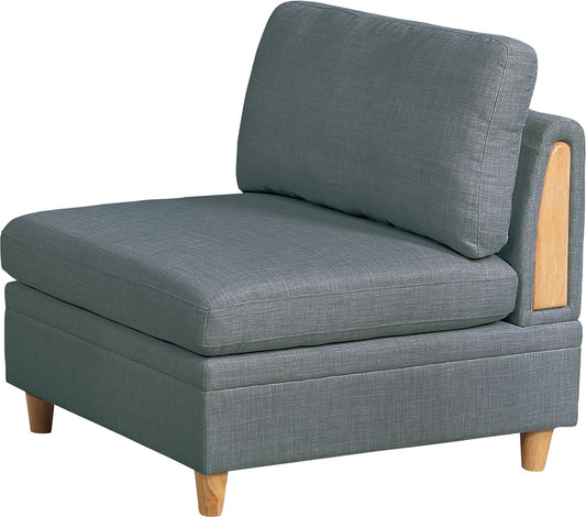 Gray fabric sectional sofa armless chair with light wood accents and tapered legs