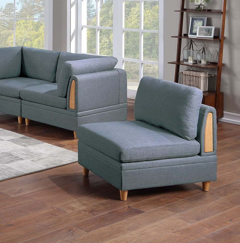 Grey fabric sectional armless chair with wooden accents and short legs
