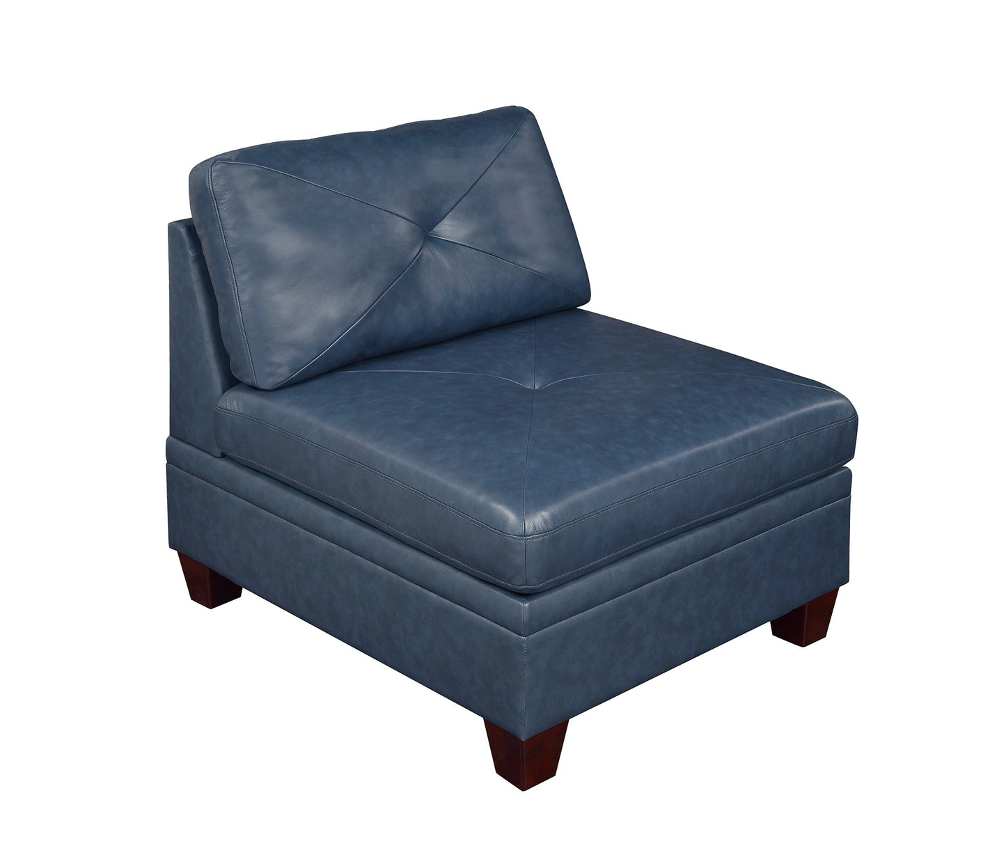 Modern blue leather armchair with tufted back cushion and square seat