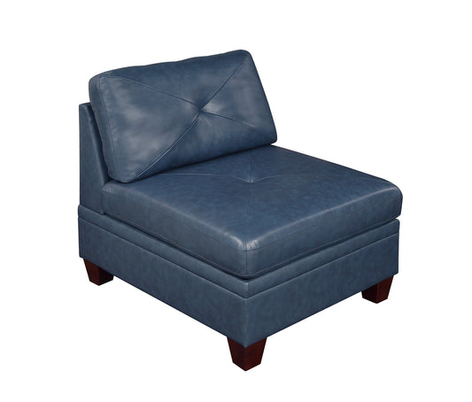 Modern blue leather armchair with tufted back cushion and square seat