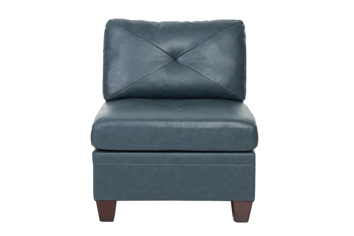 Armless blue leather accent chair with diamond tufting on the backrest