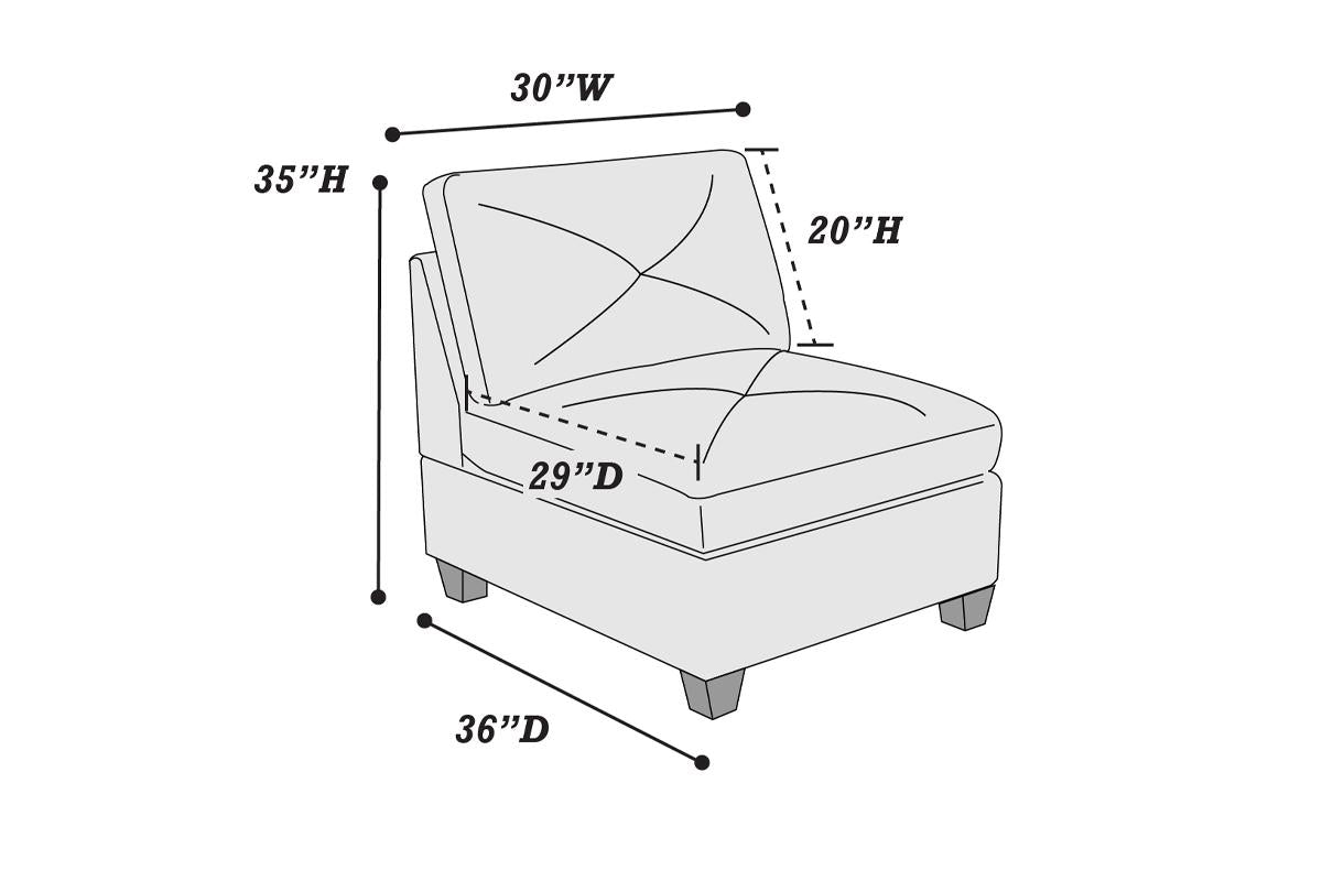 Diagram of a modern accent chair with dimensions W x H x D inches