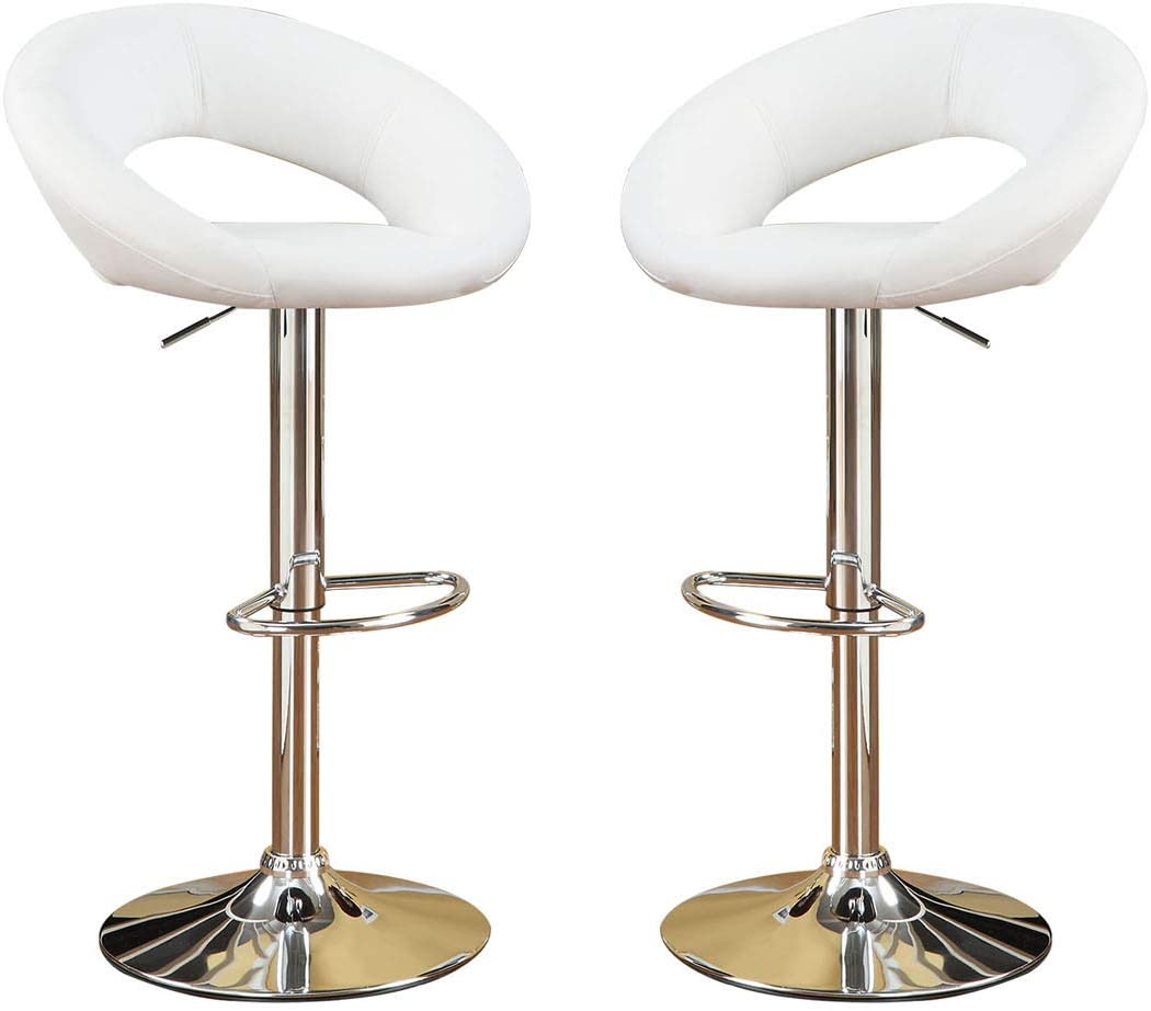 Two white modern bar stools with chrome bases and adjustable height