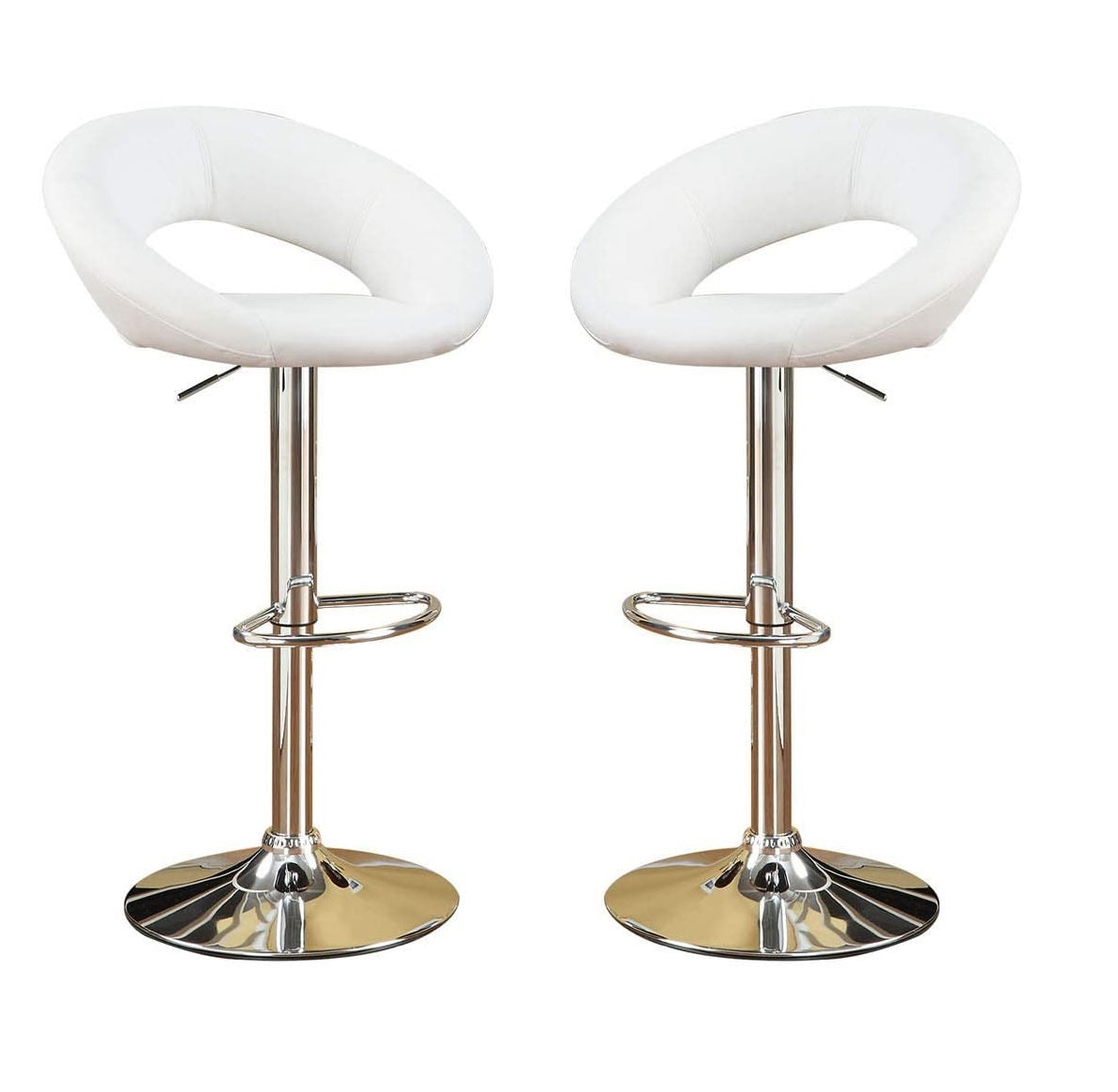Two modern white swivel bar stools with chrome bases and adjustable height