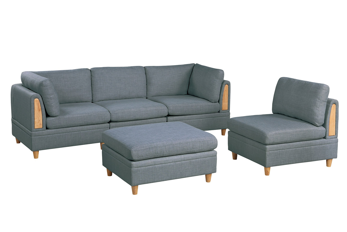 Gray sectional sofa with wooden accents and matching ottoman modern living room furniture