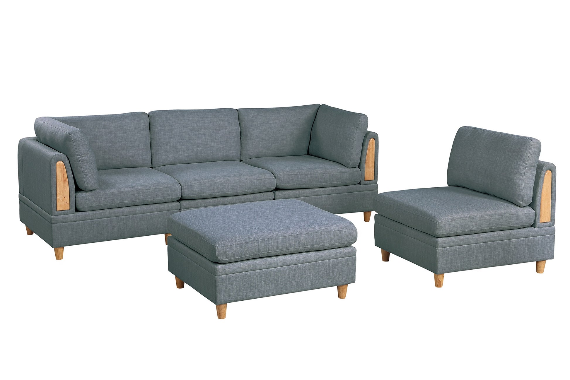 Gray sectional sofa with wooden accents and matching ottoman modern living room furniture