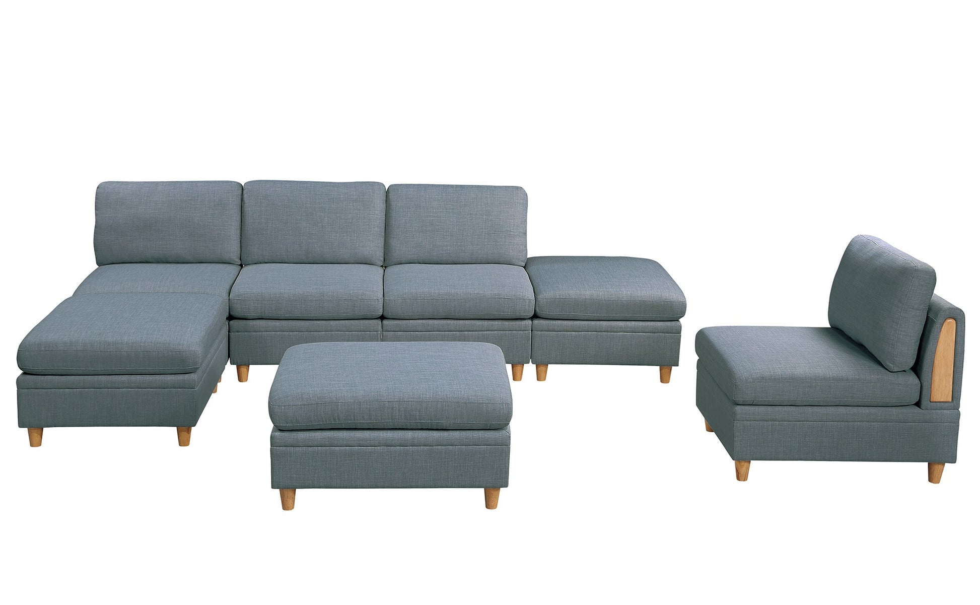 Grey fabric sectional sofa with modular chaise and ottoman for living room