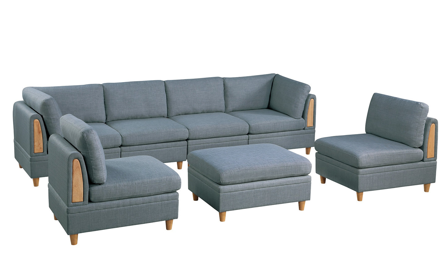 Gray modular sectional sofa with fabric upholstery and light wood accents for a living room