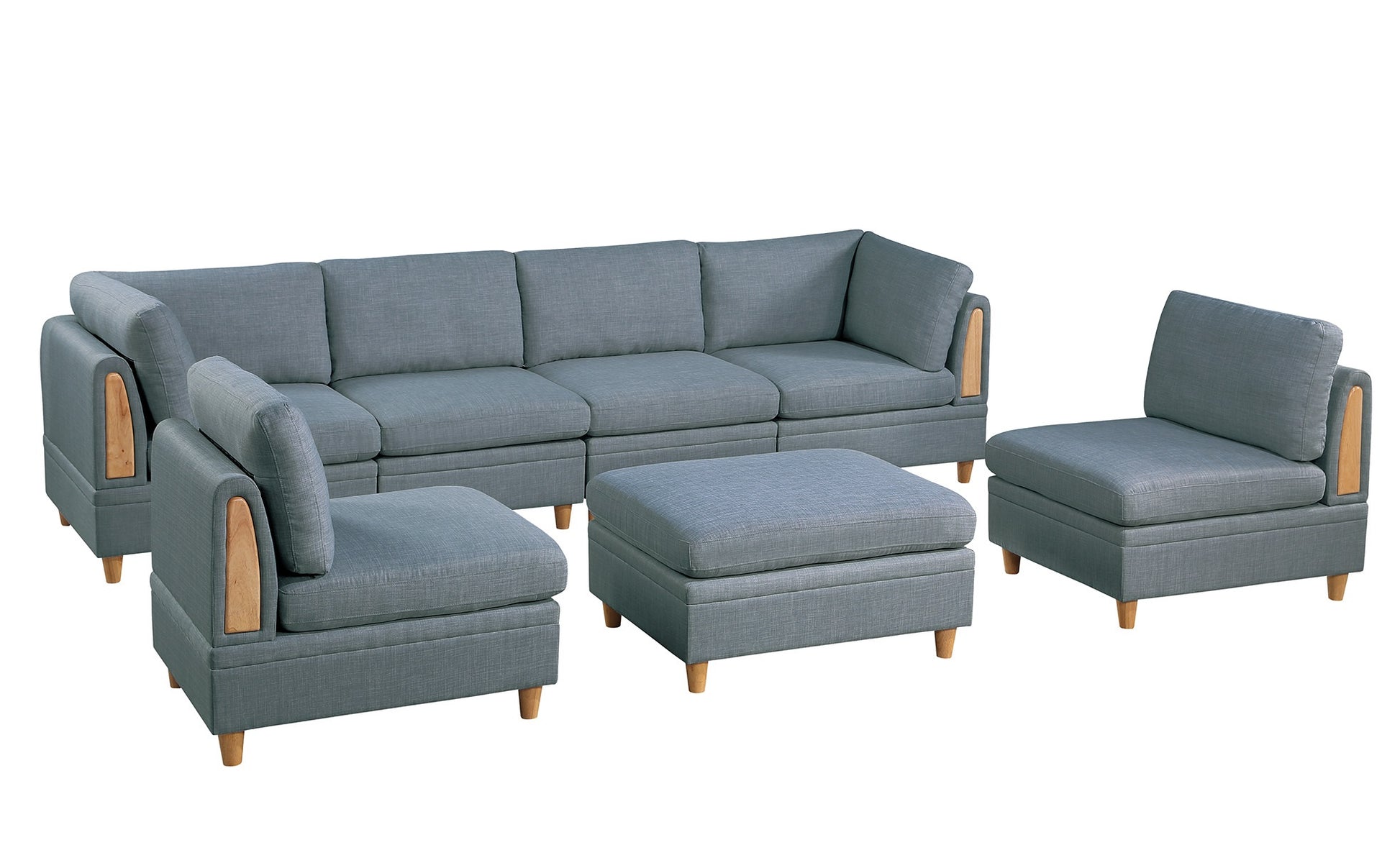 Gray modular sectional sofa with fabric upholstery and light wood accents for a living room