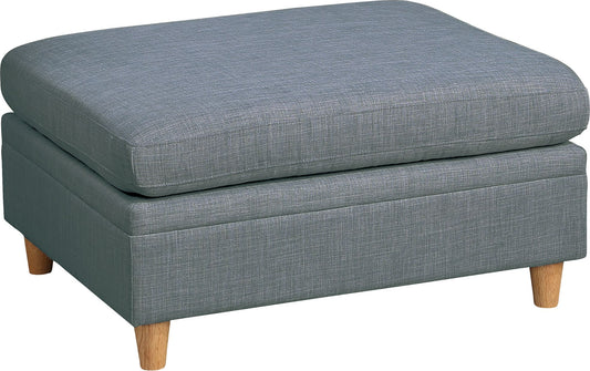 Gray upholstered storage ottoman with tufted cushion and wooden legs