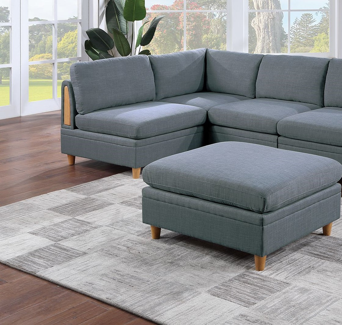 Comfortable grey fabric sectional sofa with a matching storage ottoman and wooden legs