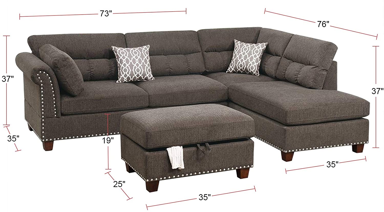 Dark grey fabric sectional sofa with studded armrests and chaise