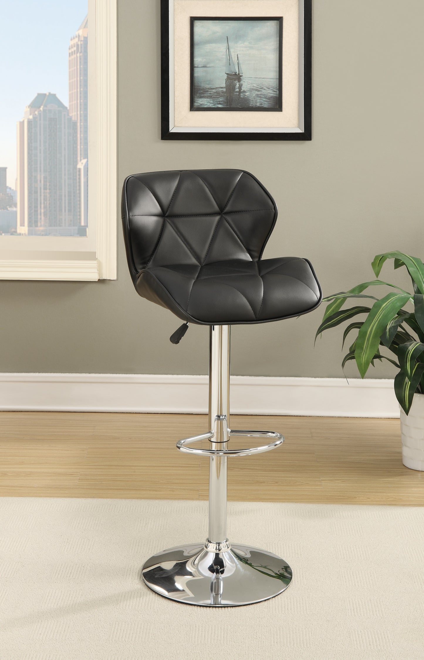 TREATLIFE HOME Modern Adjustable Kitchen Island Stools with Tufted Faux Leather Seating and Chrome Base, Set of 2, Black