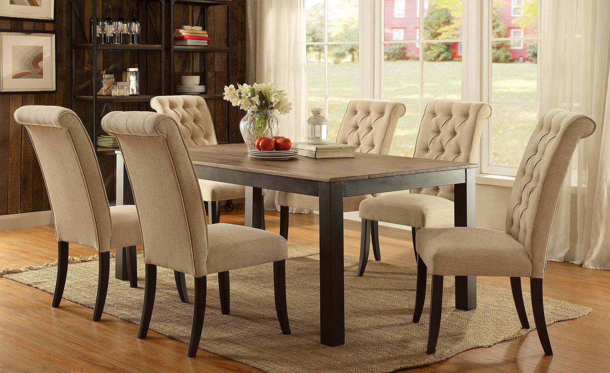 Upholstered dining chairs in neutral beige fabric with tufted backs and scrolled tops around a dark wood table