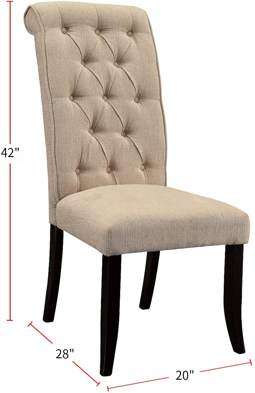 Tufted beige fabric dining chair with dark espresso legs