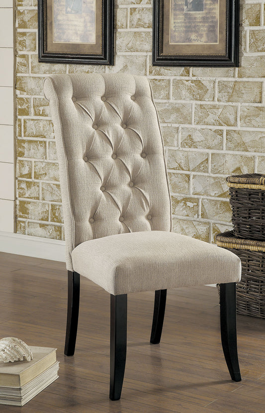 Tufted beige upholstered dining chair with dark wood legs