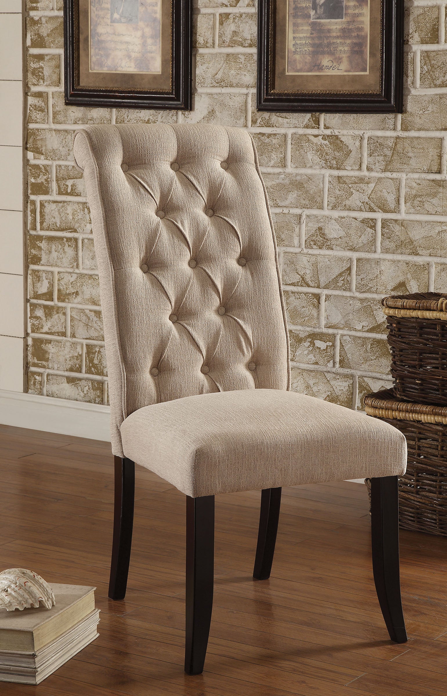 Tufted back beige fabric dining chair with dark wood legs perfect for elegant seating