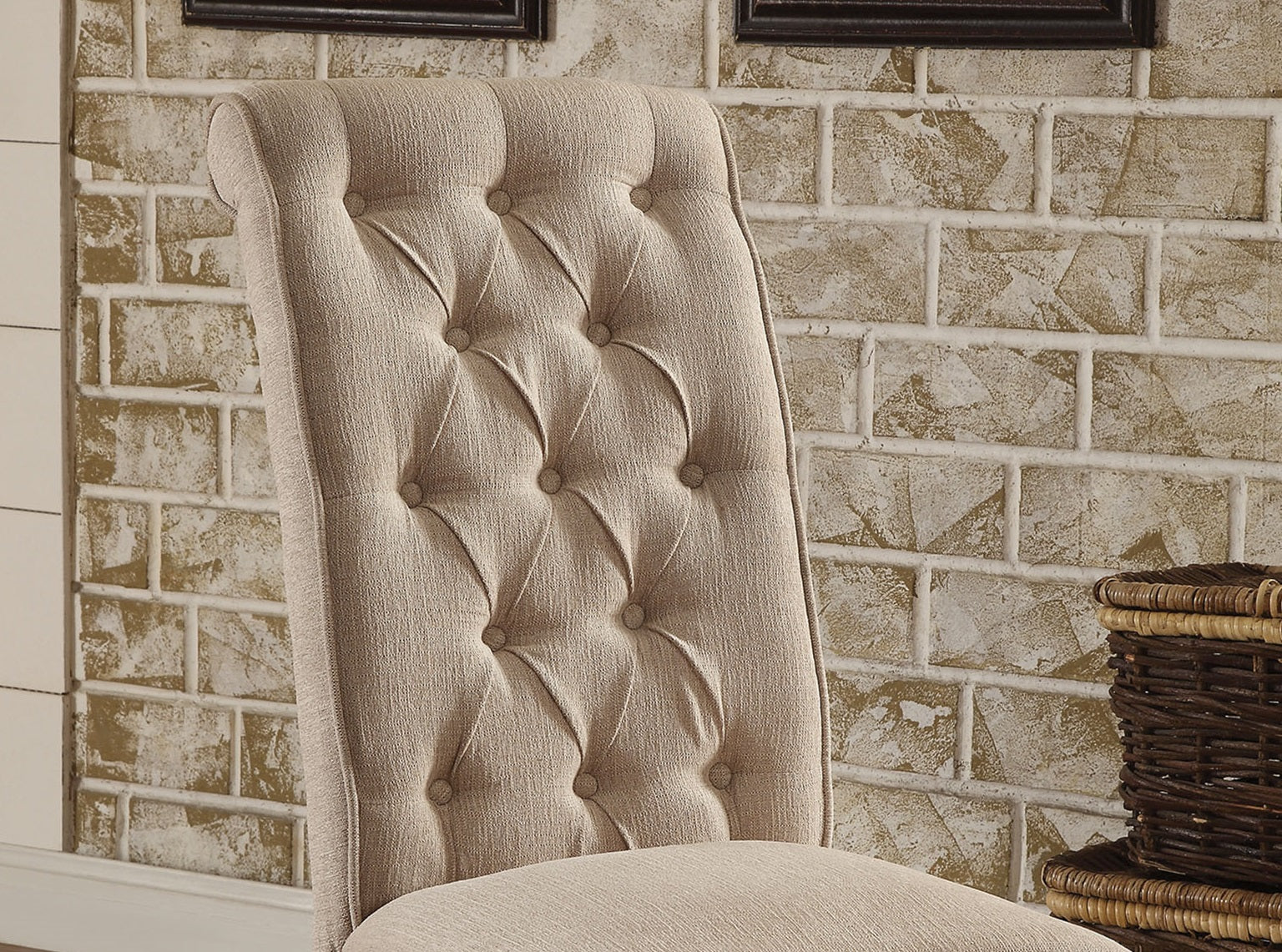 Tufted beige fabric dining chair with button accents