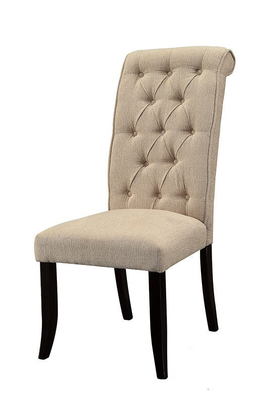 Tufted back beige fabric dining chair with dark wood legs