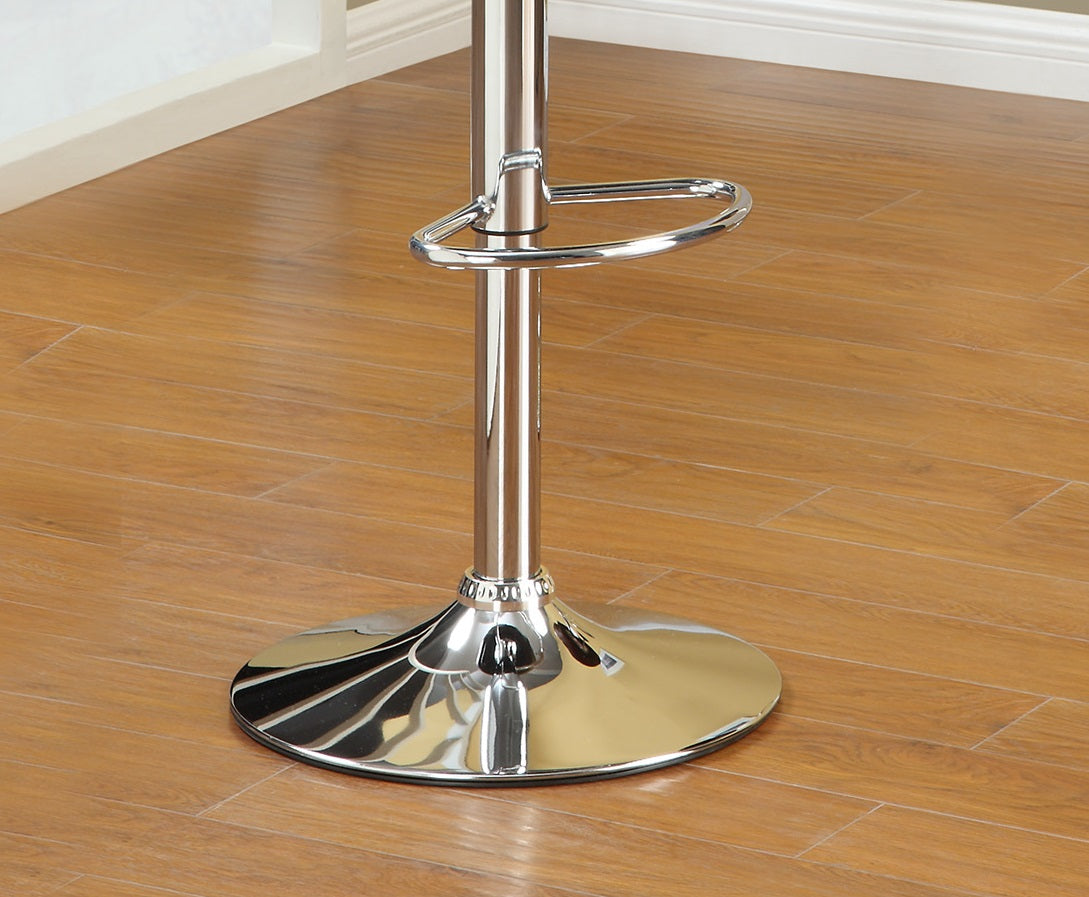 Polished chrome adjustable stool base with footrest ring on wood floor
