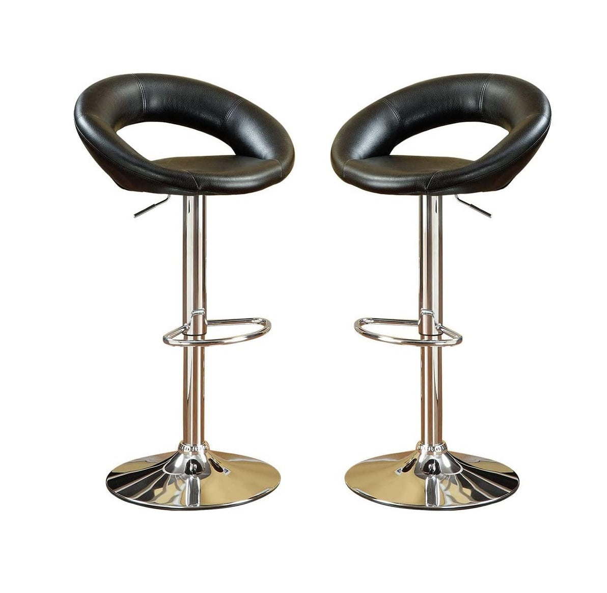 Pair of black faux leather adjustable bar stools with chrome base and footrest