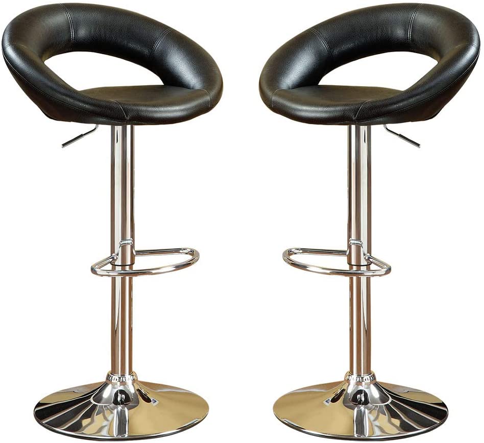 Pair of modern black leather adjustable bar stools with chrome bases