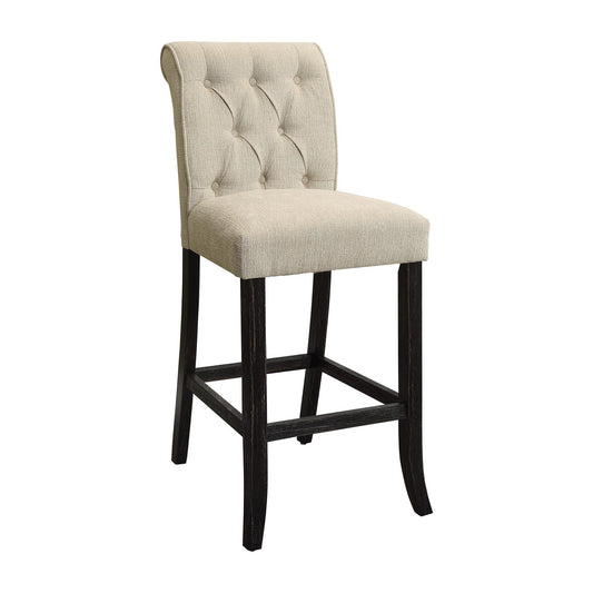 Beige linen tufted bar stool with dark wood legs perfect for kitchen islands