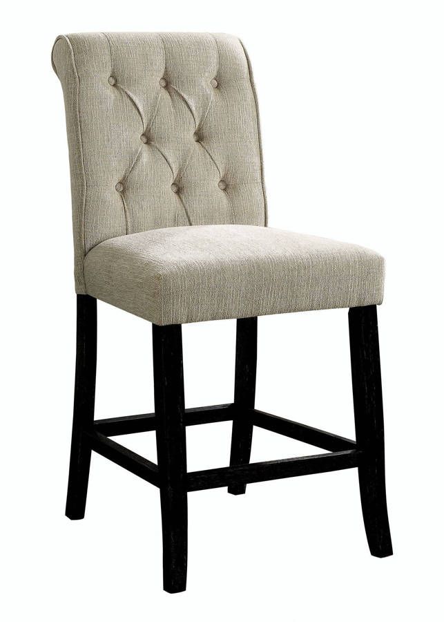 Tufted beige fabric bar stool with dark wooden legs classic button design