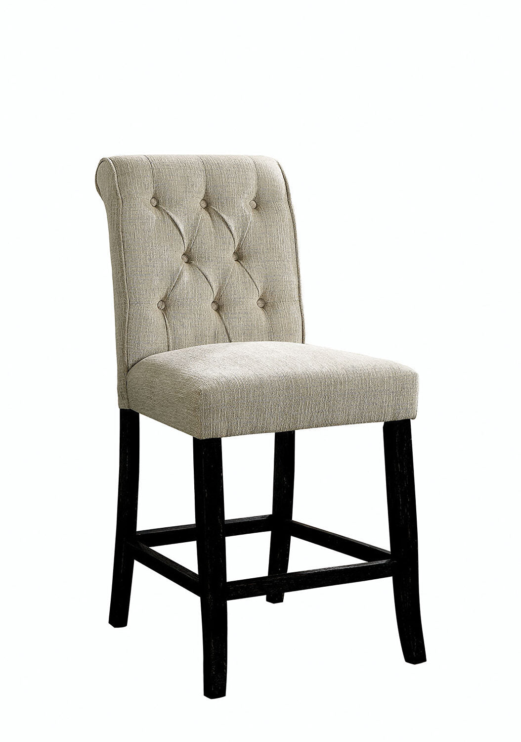 Tufted beige linen counter stool with dark wood legs perfect for modern kitchens