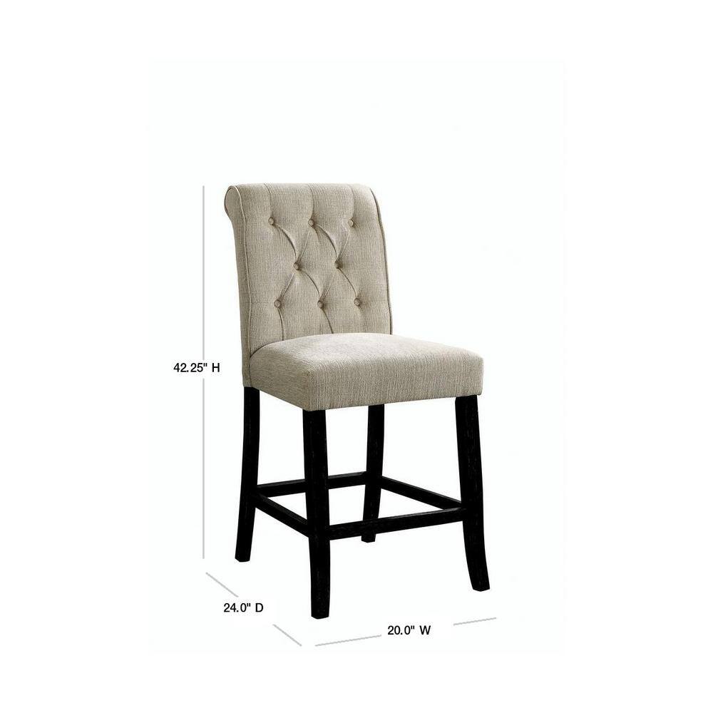 Tufted beige linen upholstered bar stool with dark wood legs