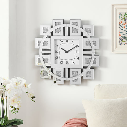 Glamorous round wall clock with white Roman numerals and silver accent frames
