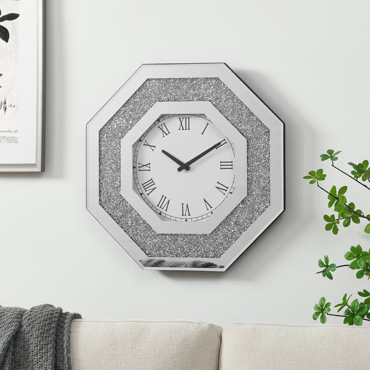 Octagonal crystal wall clock with Roman numerals and silver accents
