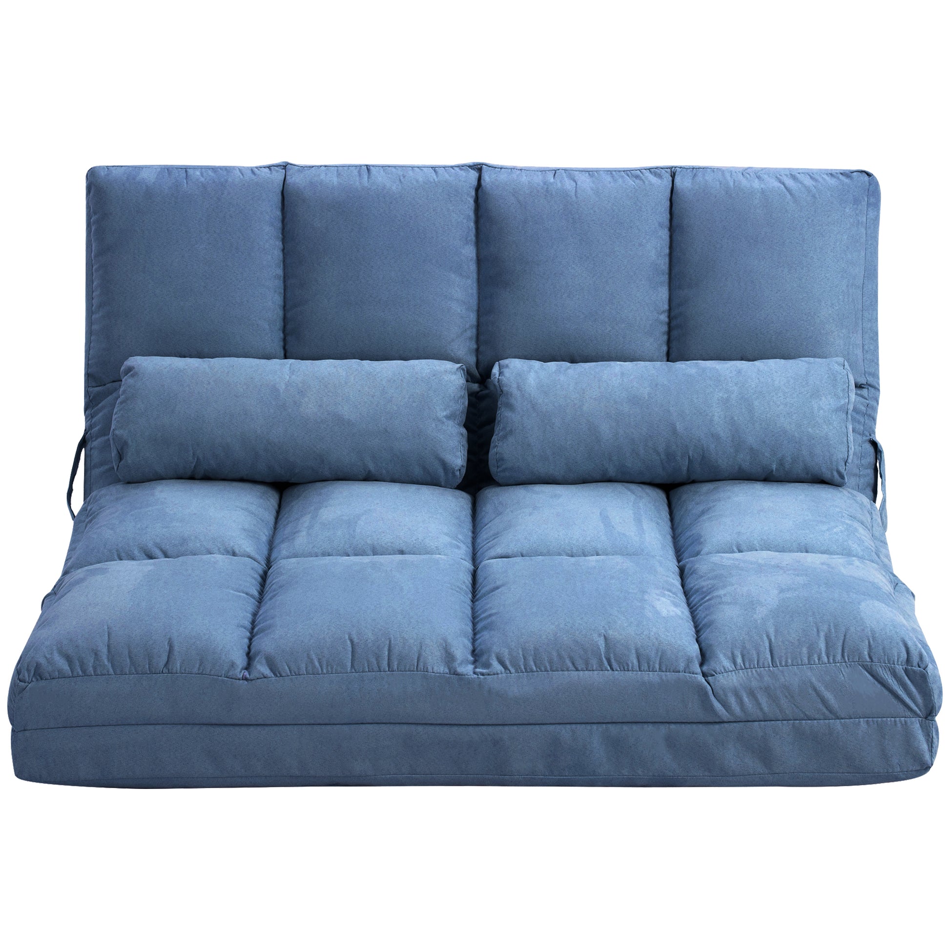 Blue fabric futon sofa with adjustable backrest and two lumbar pillows for comfort