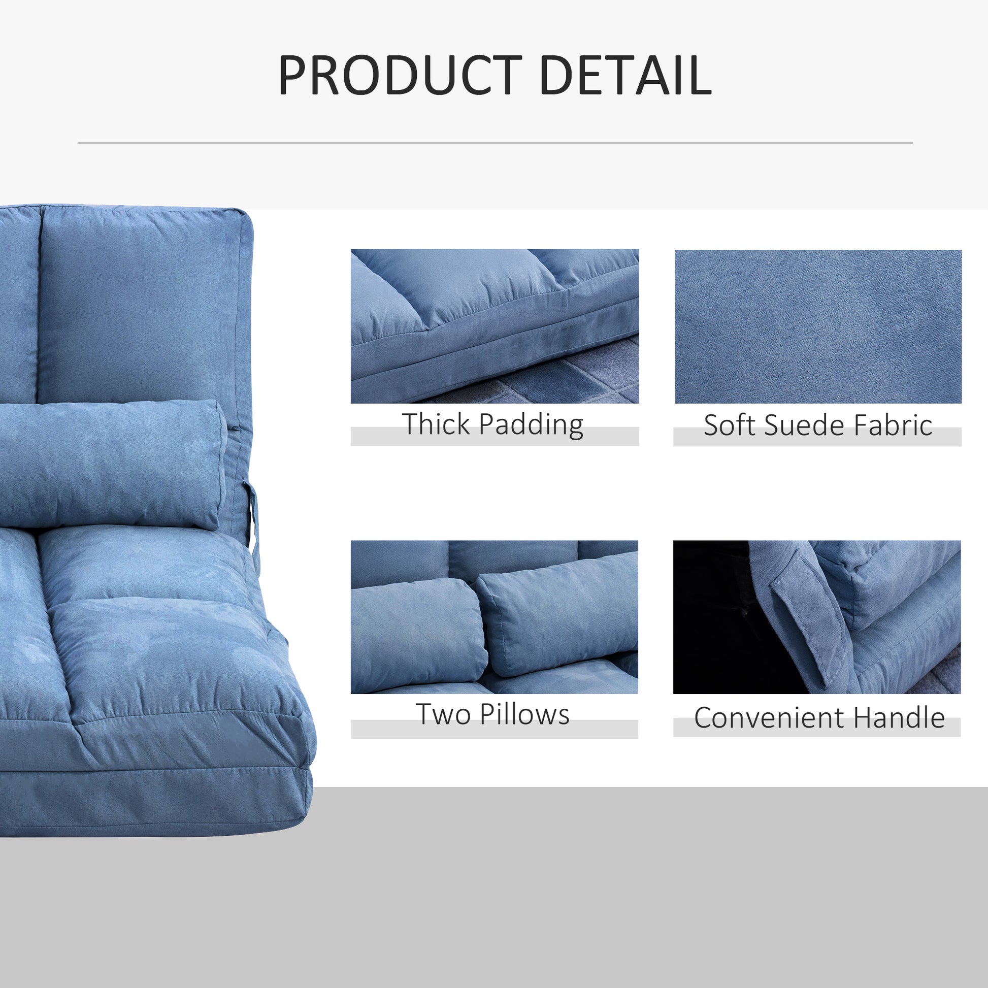 Blue fabric futon sofa with thick padding and two included throw pillows