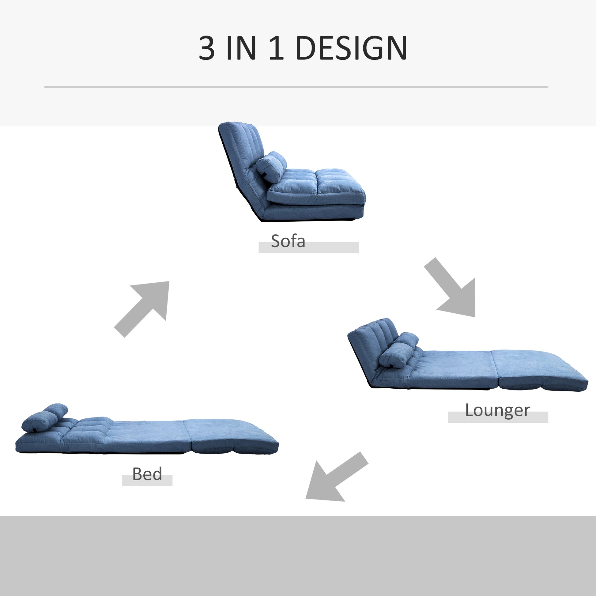 Blue upholstered convertible sofa with plush cushions and ribbed detailing