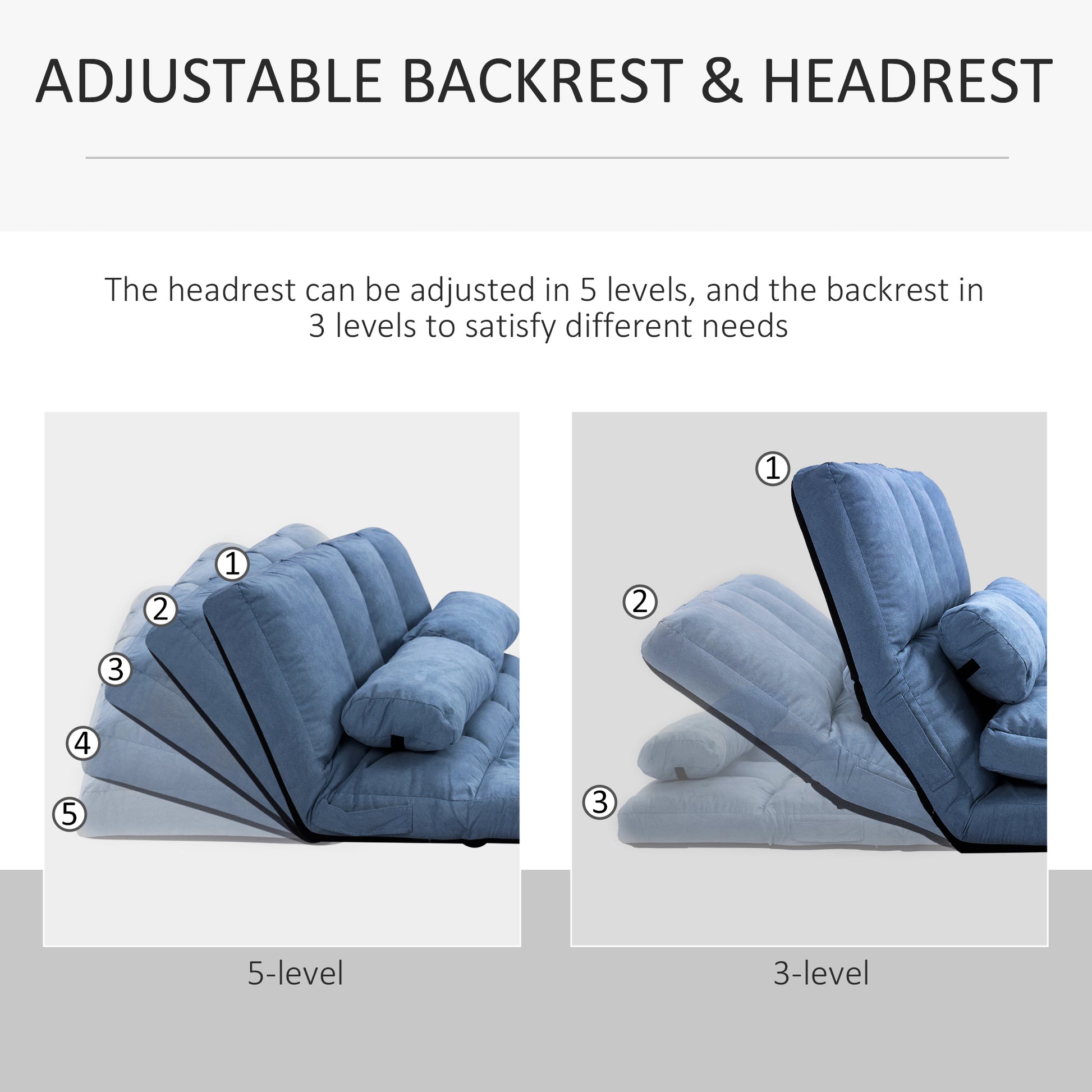 Blue upholstered sofa with level adjustable headrest and backrest
