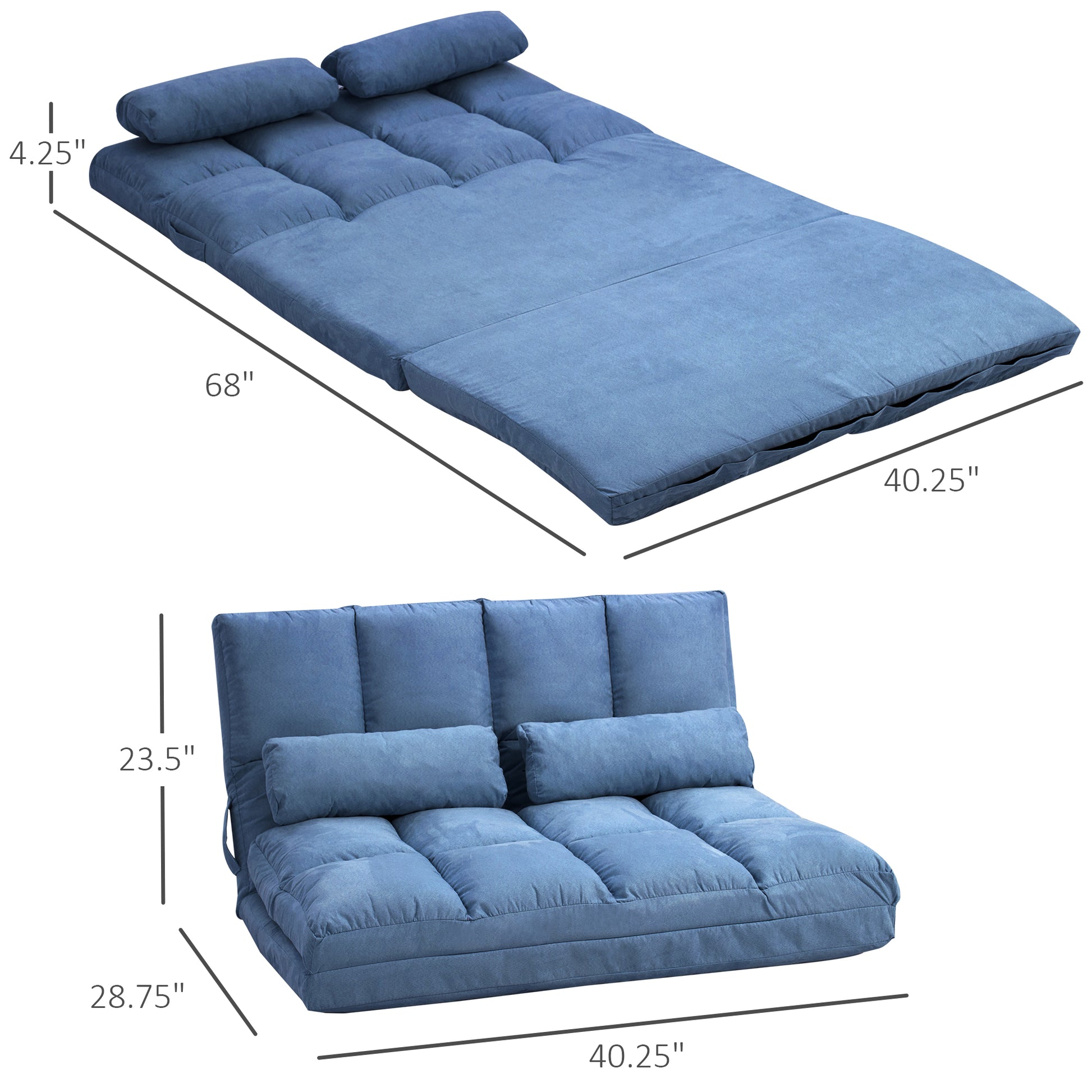 Blue upholstered futon sofa bed with two pillows fully extended for sleeping