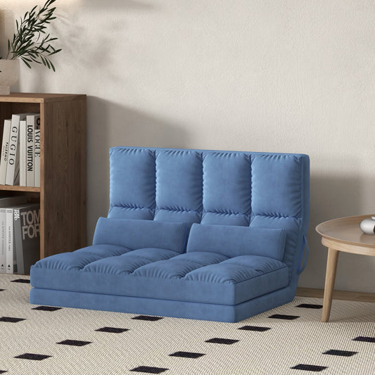 Plush blue futon sofa with tufted cushioning perfect for small spaces