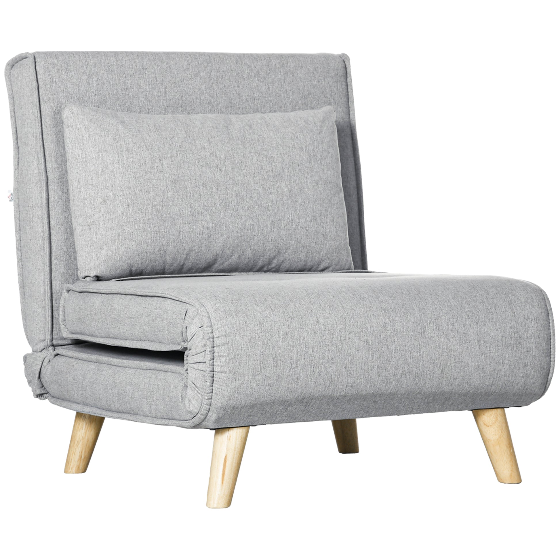 Grey fabric convertible chair with wooden legs and a matching cushion